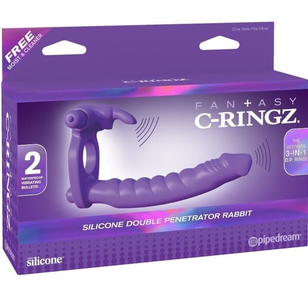Fantasy C-Ringz Double Penetrator Rabbit vibrációs péniszgyűrű szilikon dildóval és nyuszival