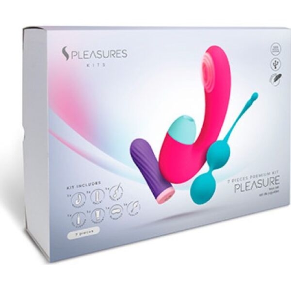 S Pleasures Pleasure Kit erotikus készlet golyóvibrátorral, dupla stimulátorral, Kegel-golyókkal, síkosítóval, tisztítóval, tollal és szemkötővel