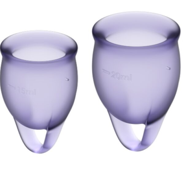 A két Satisfyer Feel Confident menstruációs kehely, 15 és 20 ml űrtartalommal