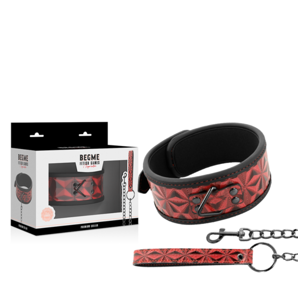Begme Red Edition BDSM nyakörv vegán bőrből, fémlánccal, nyakgyűrűvel és pórázzal