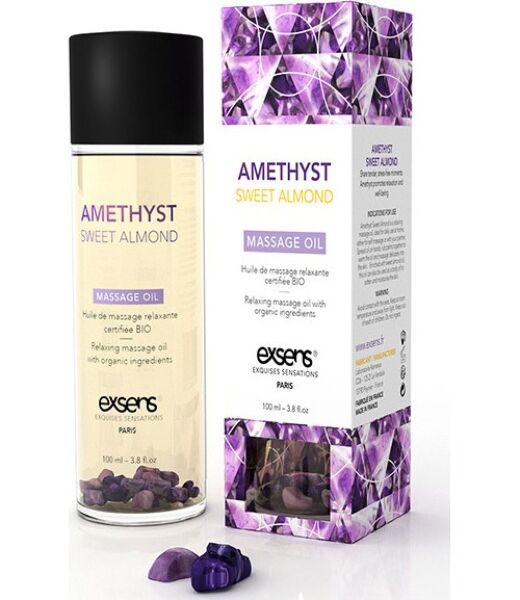 Exsens Relaxing Oil Amatista 100 ml masszázsolaj üvege, benne ametisztkövekkel