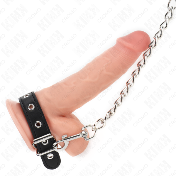 Kink Ring Power péniszgyűrű bőrből, állítható szíjjal és fém lánccal