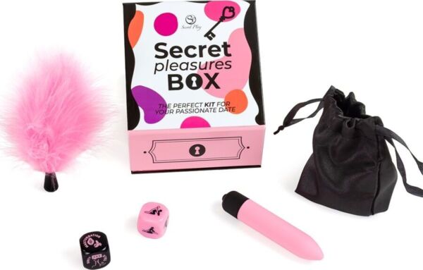 A Secret Play Secret Pleasures Box erotikus kockajáték két kockával, rózsaszín golyóvibrátorral, rózsaszín tollal és fekete szatén tasakkal