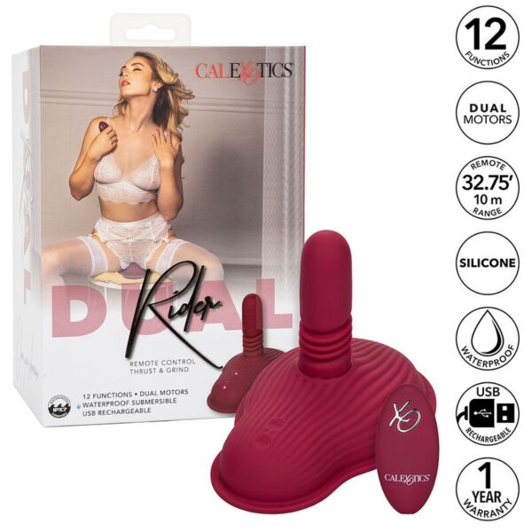 Piros CalExotics Dual Rider Thrust & Grind lovagolható vibrátor a távirányítójával
