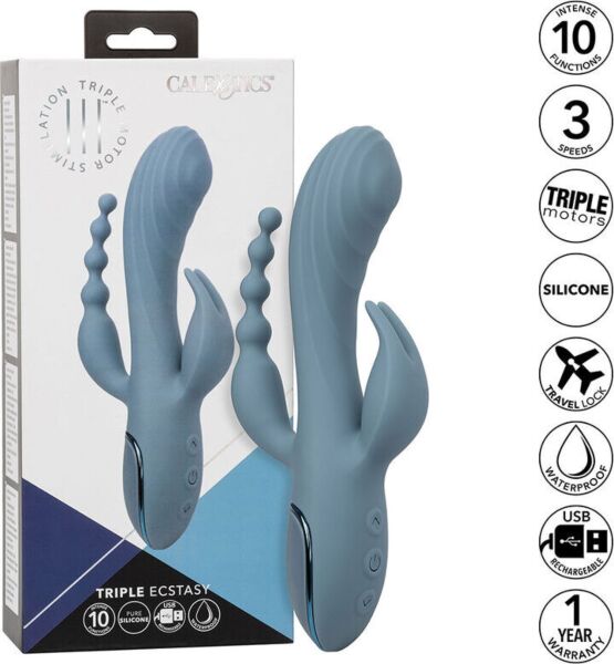Kék CalExotics III Triple Ecstasy rabbit vibrátor szárral, stimulátorral és golyós farokrésszel