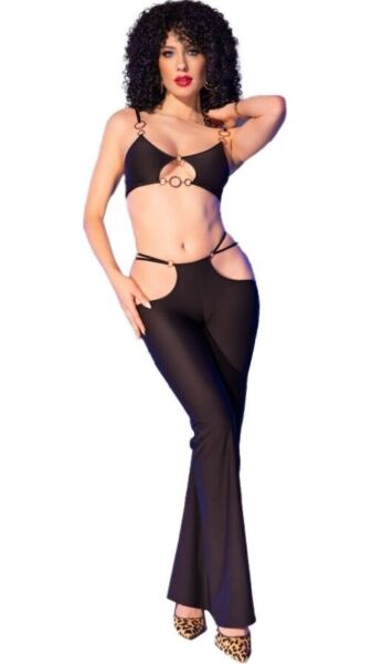 Chilirose CR 4851 fehérnemű szett, fekete top arany gyűrűkkel és oldalt kivágott leggings