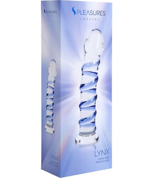 S Pleasures Crystal Lynx dildó, átlátszó kivitelben, kék részletekkel és spirál alakú bordákkal