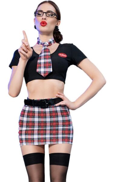 Chilirose CR 4425 iskoláslány jelmez fekete topppal, kockás miniszoknyával, nyakkendővel, szemüveggel és harisnyával