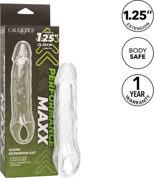 Átlátszó CalExotics Performance Maxx Clear Extension 5,5 péniszhüvely herezacskópánttal