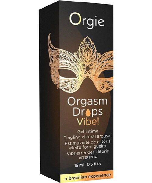 Az Orgie Orgasm Drops Vibe csiklóstimuláló gél 15 ml-es üveg cseppentős flakonja