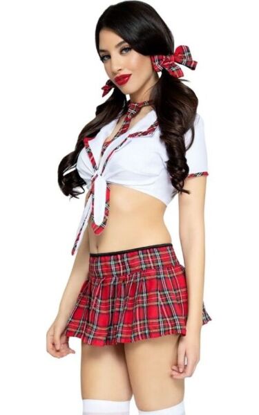 Leg Avenue Miss Prep School iskoláslány jelmez piros-fehérben, crop toppal, kockás plisszírozott szoknyával, nyakkendővel és masnikkal