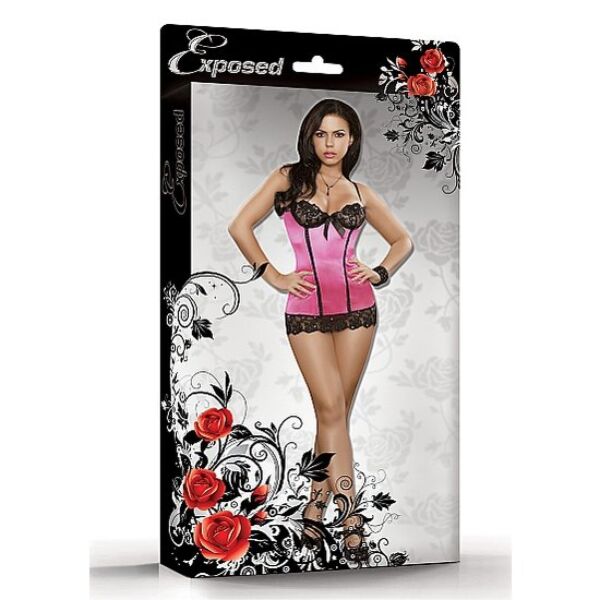 Exposed Sequin Lace Chemise rózsaszín hálóing S/M, rózsaszín miniruha fekete melltartórésszel és rózsaszín masnival