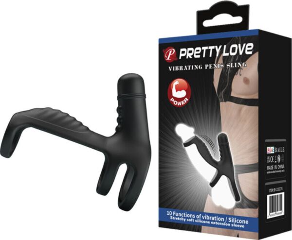 Fekete Pretty Love Vibrating Penis Sling rugalmas péniszhüvellyel, péniszgyűrű-alappal és domborulatokkal