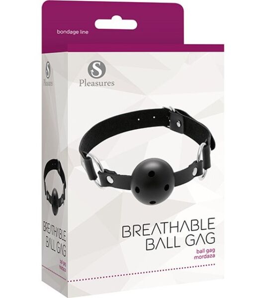 Fekete S Pleasures Breathable Ball Gag szájpecek nyílásokkal ellátott golyóval, fémkarikákkal és csatos pánttal