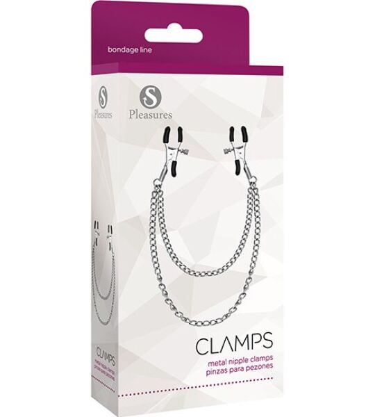 Ezüstszínű S Pleasures Metal Nipple Clamps mellbimbócsipesz, összekötő lánccal
