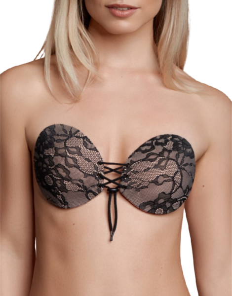 Öntapadó melltartó Bye Bra Round Lace-it két kosárral és az elöl lévő fűzős zárással