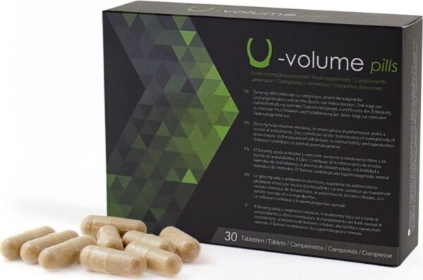 A 500Cosmetics U-Volume Pills étrendkiegészítő doboza tablettákkal