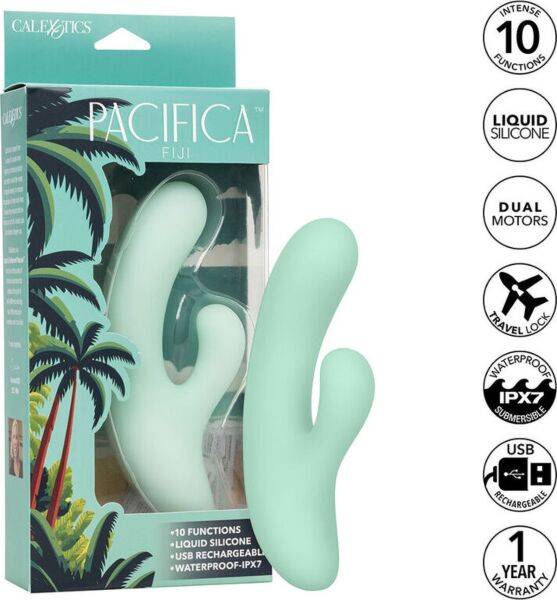 CalExotics Pacifica Fiji G-pont vibrátor átlátszó zöld szilikonból, ívelt szárral és második izgatóval