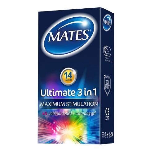 Kondom Mates Ultimate 3 az 1-ben 14 db melegítő síkosítóval