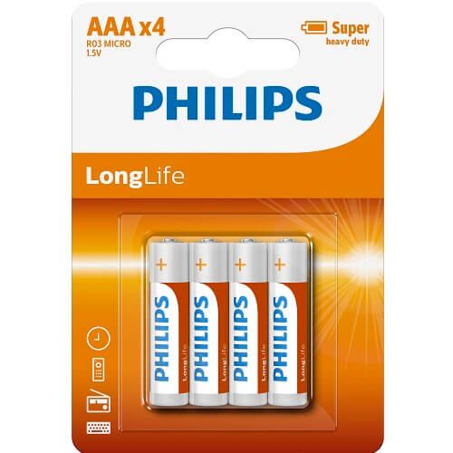 AAA Size Batteries Philips 4 Pack Long Life