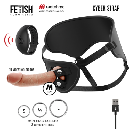 Harnes FETISH SUBMISSIVE CYBER STRAP távirányítóval és dildo-val