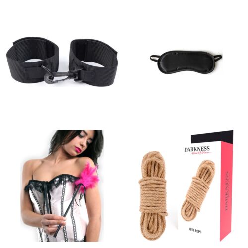Gyengéd bondage szett kezdőknek bilinccsel, szemkötővel, lovaglópálcával és kötéllel