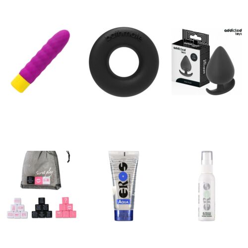 Alap szexjáték-szett minivibrátorral, péniszgyűrűvel, análdugóval és dobókockákkal