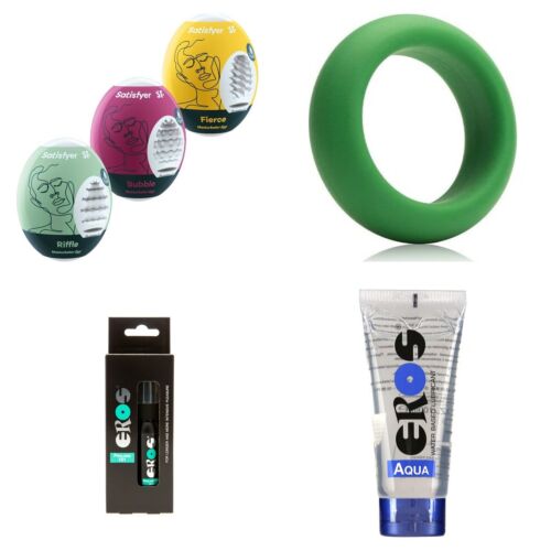 Férfi szett Satisfyer maszturbátortojásokkal, péniszgyűrűvel és késleltető spray-vel