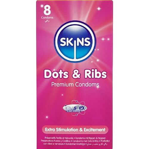 Kondom SKINS Dots & Ribs 8 darabos csomag kiemelkedő élvezettel