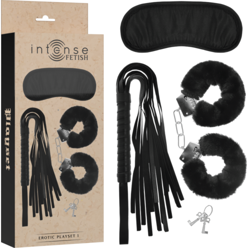 Bondage szett INTENSE FETISH - Kézi bilincs, szemmaszk és ostor