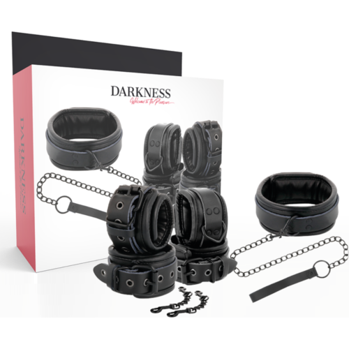 Kötöző szett DARKNESS BLACK LEATHER - bőr bilincsek és nyakörv
