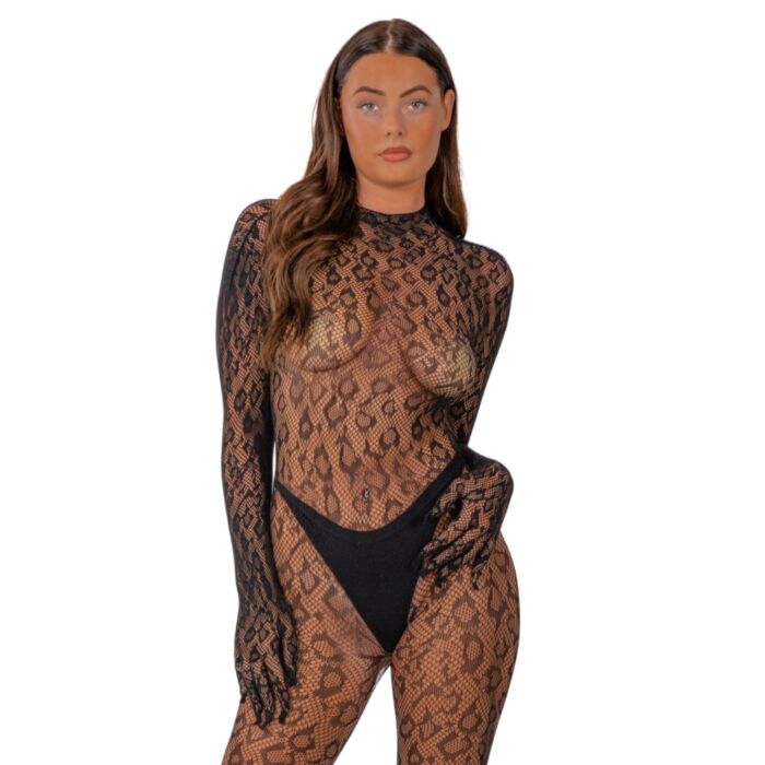 Bodystocking Lace Gloved Leopard Print Csábító dizájn Bodystocking Lace Gloved Leopard Print Csábító dizájn