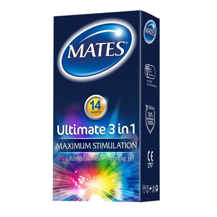 Kondom Mates Ultimate 3 az 1-ben 14 db melegítő síkosítóval Kondom Mates Ultimate 3 az 1-ben 14 db melegítő síkosítóval