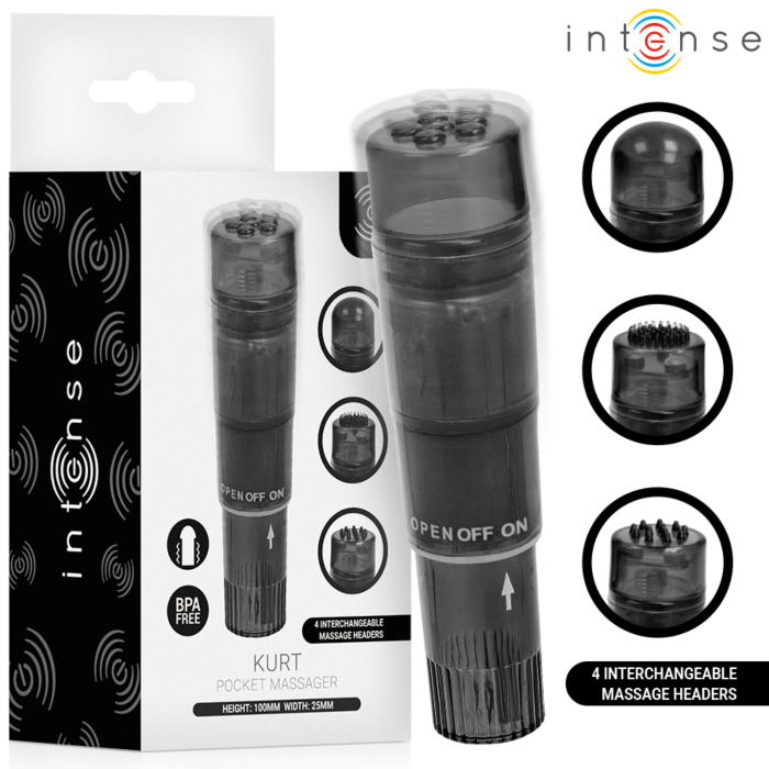 INTENSE FUN TOYS KURT MINI fekete mini masszírozó, 4 cserélhető fejjel